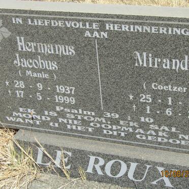 ROUX Hermanus Jacobus, le 1937-1999 &amp; Miranda COETZER 1937-2004