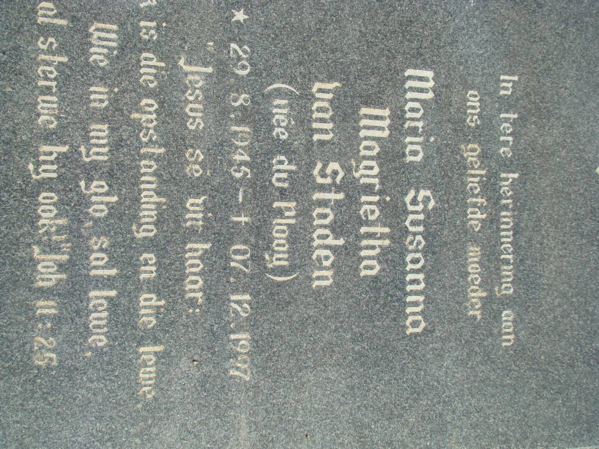 STADEN Maria Susanna Magrietha, van nee DU PLOOY 1945-1997