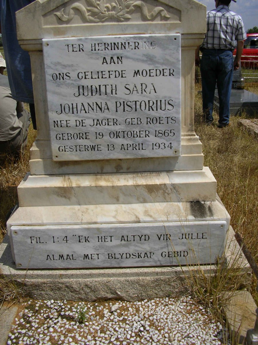 PISTORIUS Judith Sara Johanna nee DE JAGER gebore ROETS 1865-1934