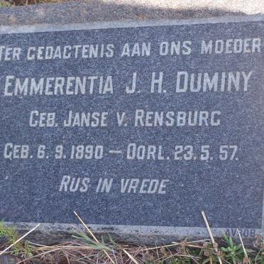 DUMINY Emmerentia J.H. nee JANSE VAN RENSBURG 1890-1957