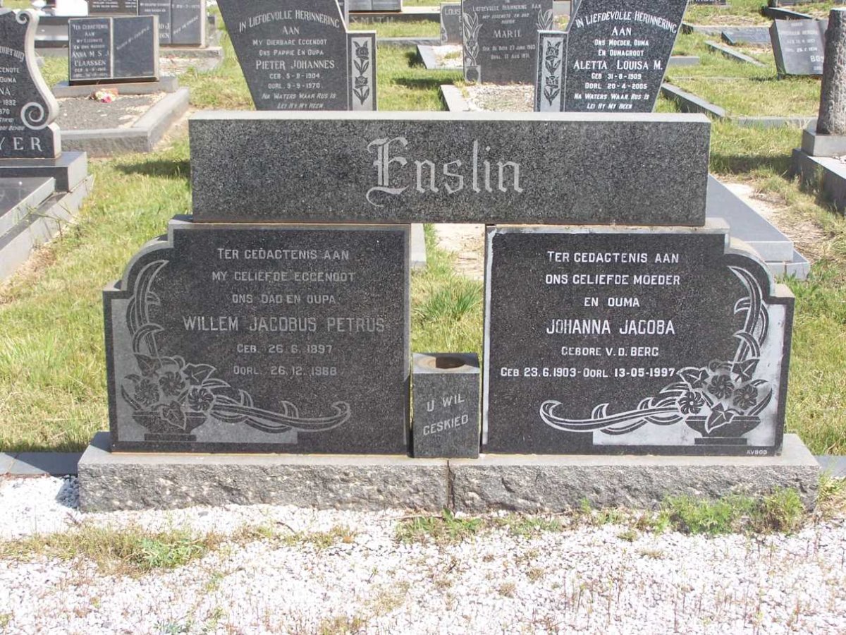 ENSLIN Willem Jacobus Petrus 1897-1968 &amp; Johanna Jacoba V.D. BERG 1903-1997