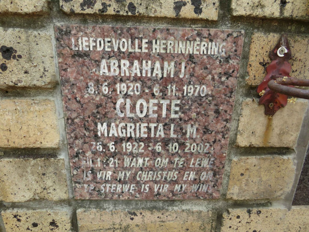 CLOETE Abraham J. 1920-1970 & Magrieta L.M. 1922-2002