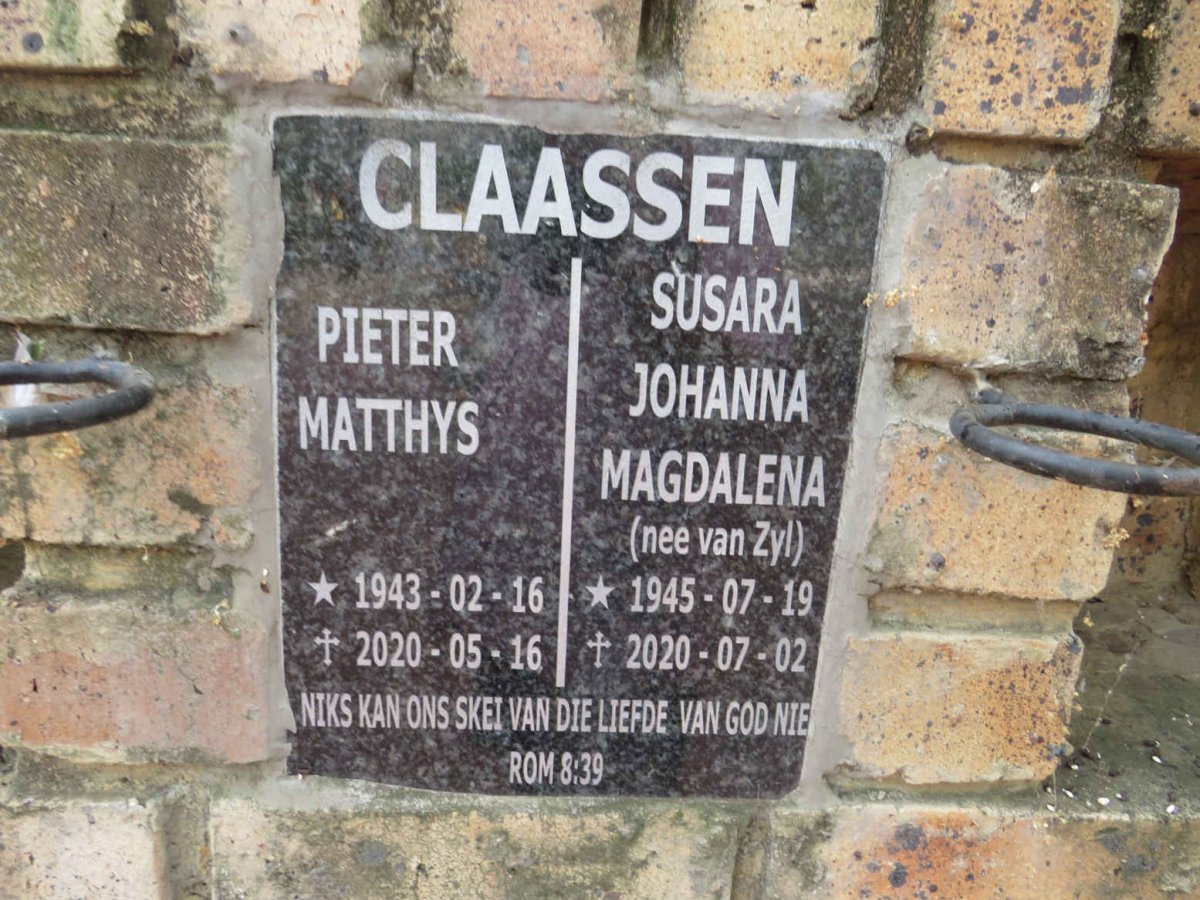 CLAASEN Pieter Matthys 1943-2020 & Susara Johanna Magdalena VAN ZYL 1945-2020