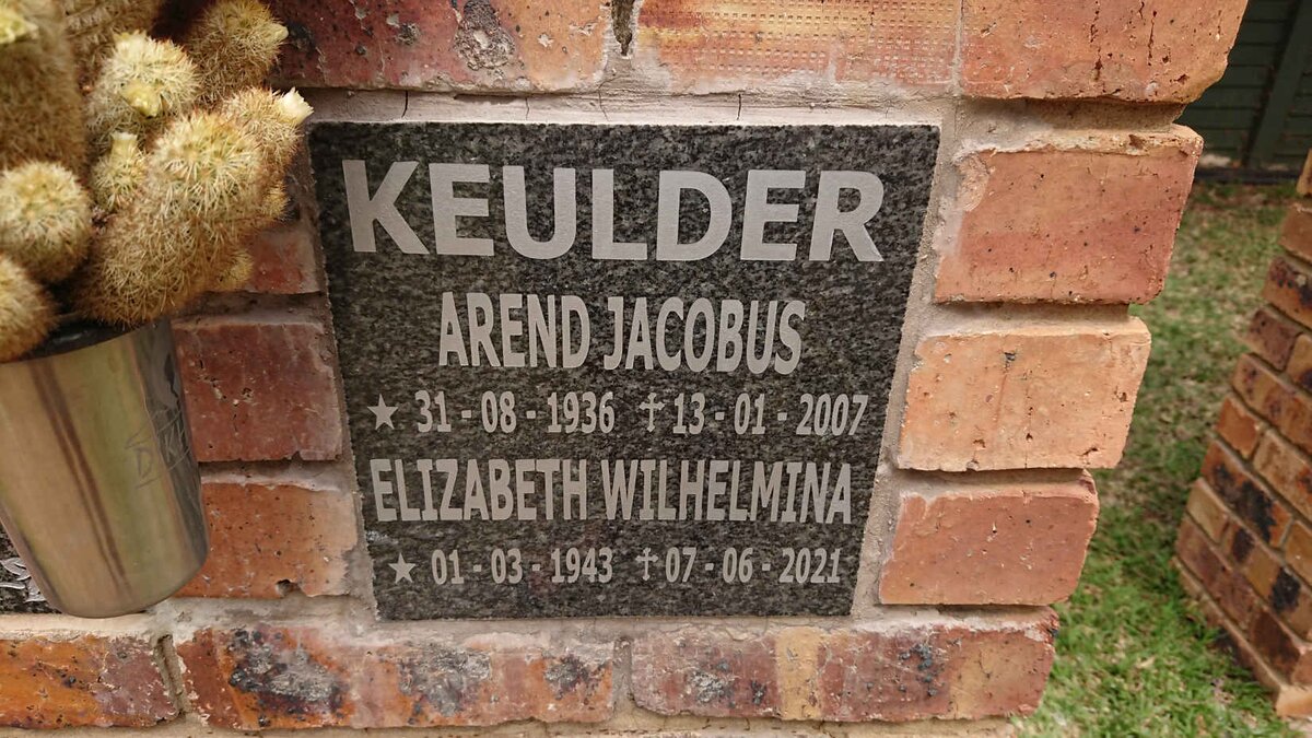KEULDER Arend Jacobus 1936-2007 & Elizabeth Wilhelmina 1943-2021