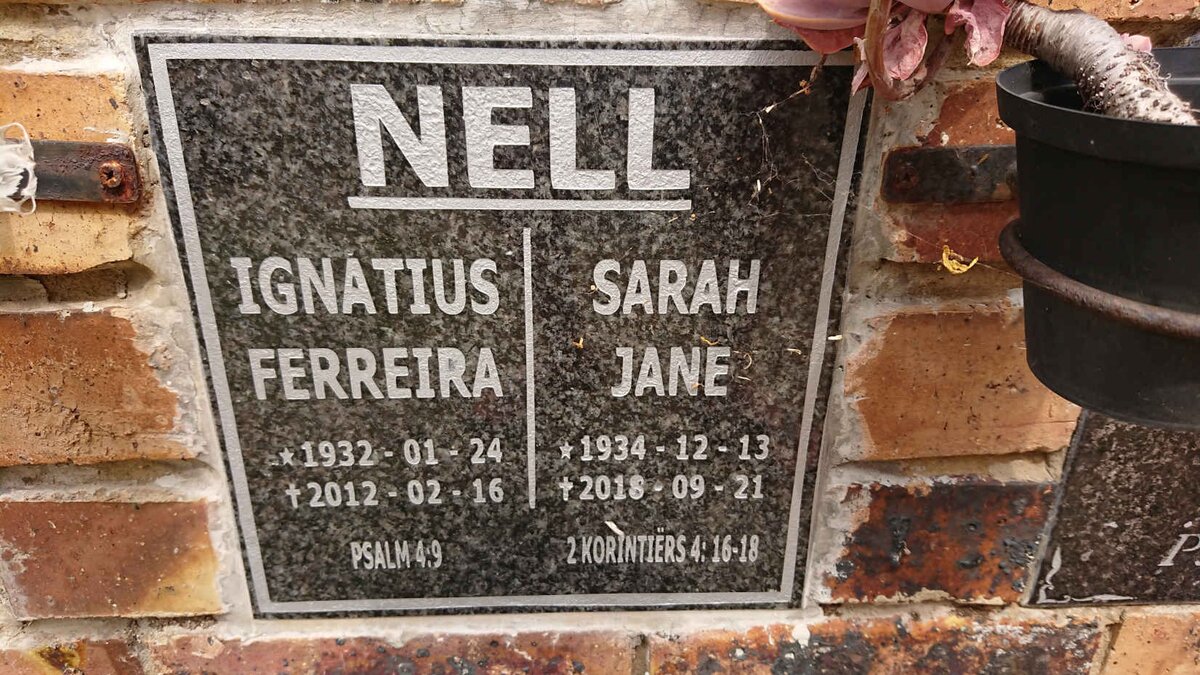 NELL Ignatius Ferreira 1932-2012 & Sarah Jane 1934-2018