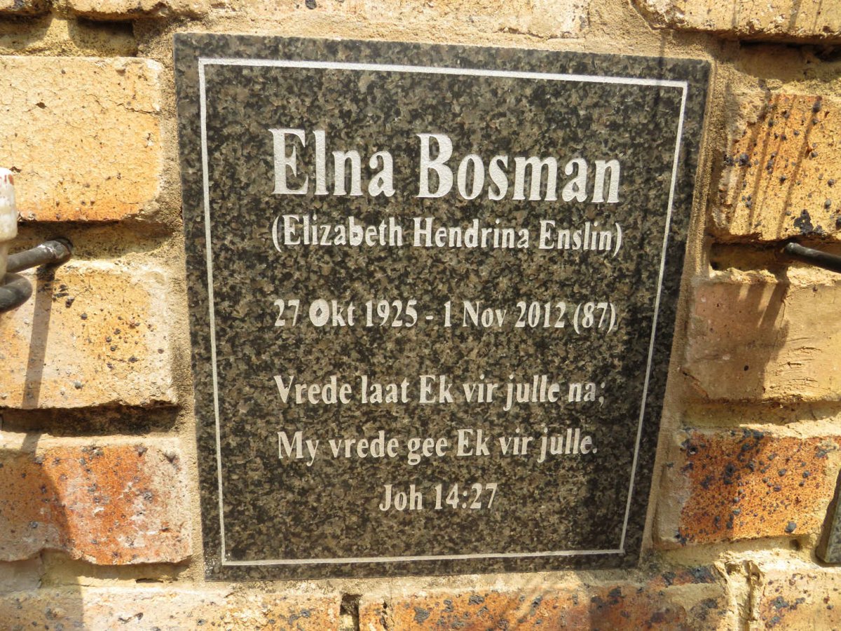 BOSMAN Elizabeth Hendrina nee ENSLIN 1925-2012