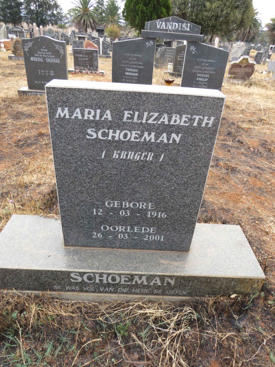 SCHOEMAN Maria Elizabeth nee KRUGER 1916-2001