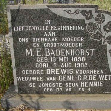 BADENHORST M.E. voorheen DE WET nee BREWIS  1898-1982