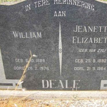 DEALE William 1889-1976 &amp; Jeanette Elizabeth VAN ZYL 1892-1964