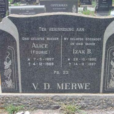 MERWE Izak B., v.d. 1880-1967 &amp; Alice FOURIE 1897-1988