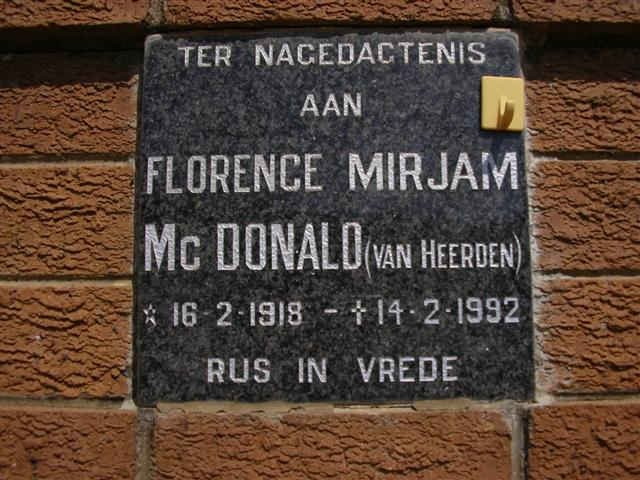 McDONALD Florence Mirjam nee VAN HEERDEN 1918-1992