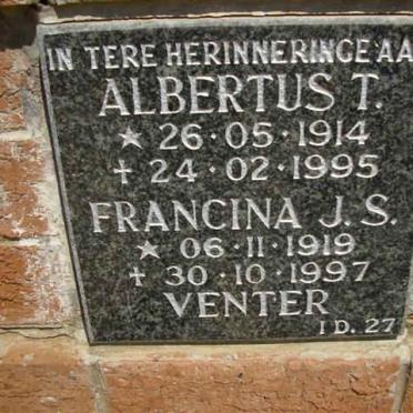 VENTER Albertus T. 1914-1995 &amp; Francina J.S. 1919-1997
