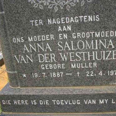 WESTHUIZEN  Anna Salomina, van der nee MULLER 1887-1973