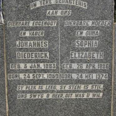 WESTHUIZEN Johannes Diederick, van der 1883-1950 &amp; Sophia Elizabeth 1886-1974