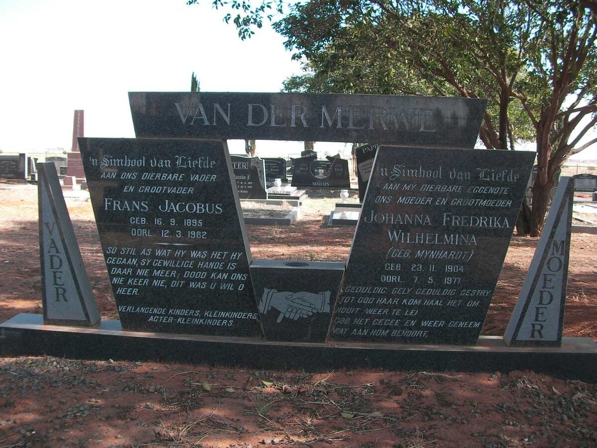 MERWE Frans Jacobus, van der 1895-1982 &amp; Johanna Fredrika Wilhelmina MYNHARDT 1904-1977