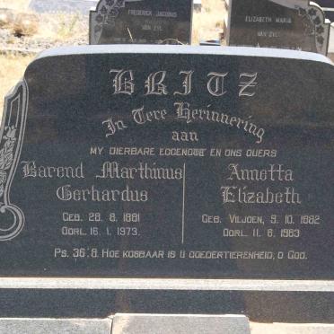 BRITZ Barend Marthinus Gerhardus 1881-1973 &amp; Annetta Elizabeth VILJOEN 1882-1963