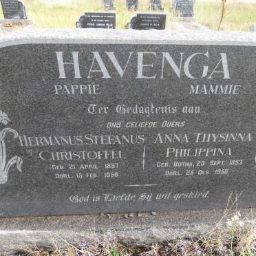 HAVENGA Hermanus Stefanus Christoffel 1887-1958 &amp; Anna Thysinna Philippina BOTHA 1893-1956