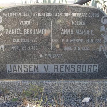 RENSBURG Daniël Benjamin, Jansen v. 1877-1961 &amp; Anna Maria E. V.D.MERWE 1888-1932