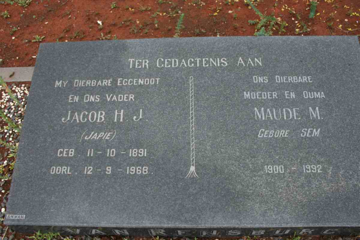 RENSBURG Jacob H.J., van 1891-1968 &amp; Maude M. SEM 1900-1992