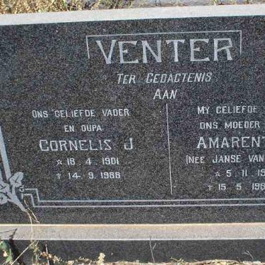 VENTER Cornelis J. 1901-1988 &amp;  Amarentia M. JANSE VAN  RENSBURG 1903-1982