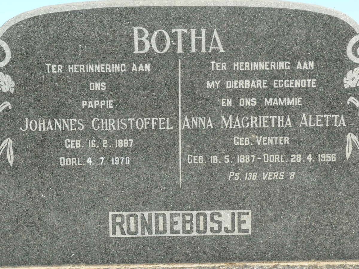 BOTHA Johannes Christoffel 1887-1970 &amp; Anna Magrietha Aletta VENTER 1887-1956