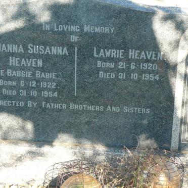 HEAVEN Lawrie 1920-1954 &amp; Johanna Susanna nee BABSIE BABIE 1922-1954