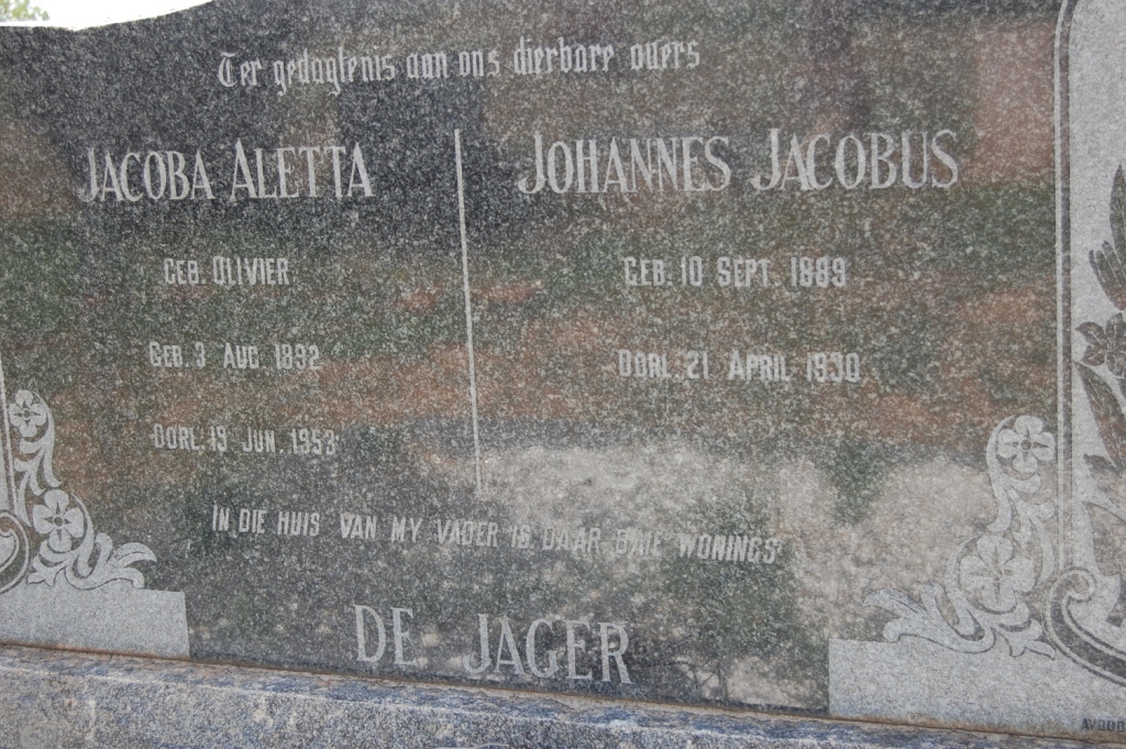 JAGER Johannes Jacobus, de 1889-1930 &amp; Jacoba Aletta OLIVIER 1892-1953