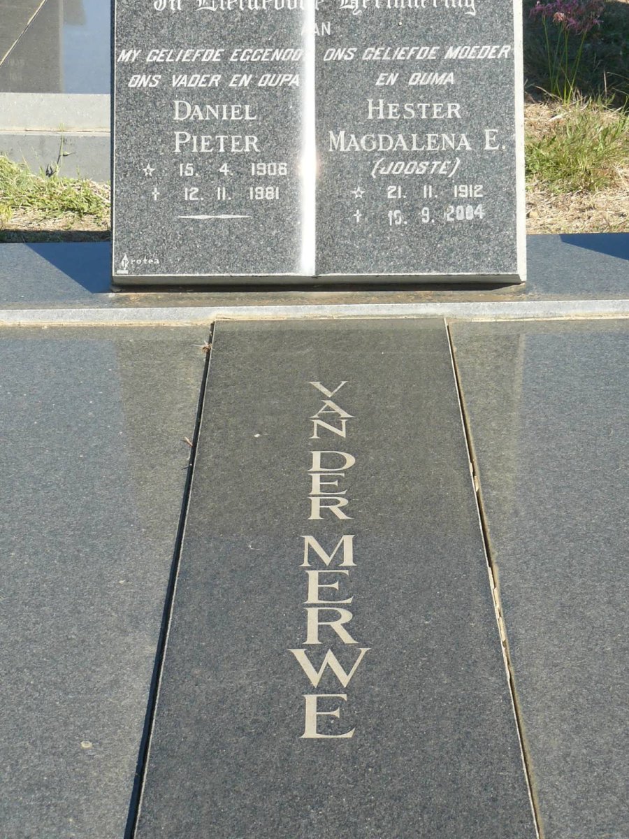 MERWE Daniel Pieter, van der 1906-1981 &amp; Hester Magdalena E. JOOSTE 1912-2004