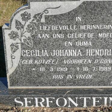 SERFONTEIN Cecilia Johanna Hendrina formerly O'CONNEL nee KOTZEE 1919-1989