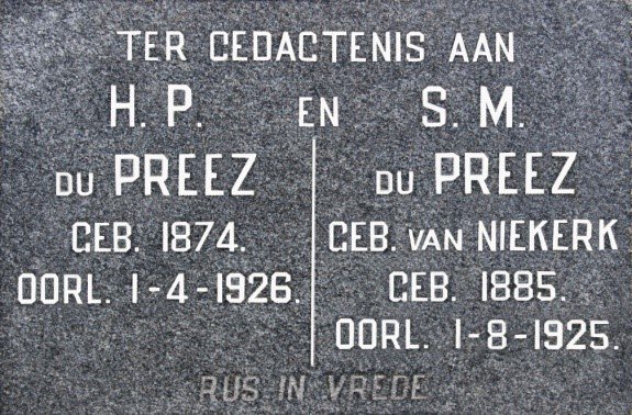 PREEZ H.P., du 1874-1926 &amp; S.M. VAN NIEKERK 1885-1925