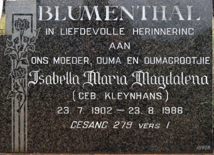 BLUMENTHAL Isabella Maria Magdalena nee KLEYNHANS 1902-1988