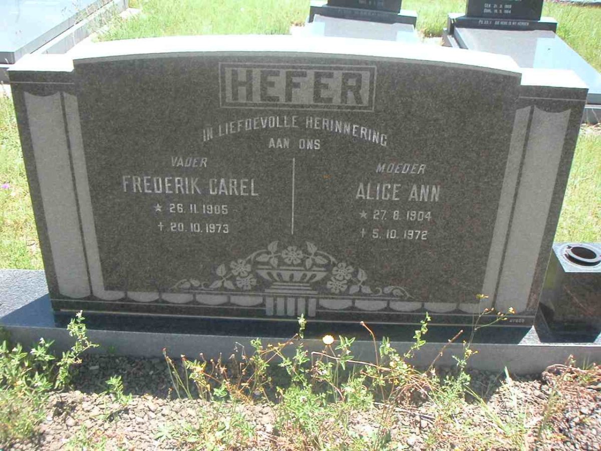 HEFER Frederik Carel 1905-1973 &amp; Alice Ann 1904-1972