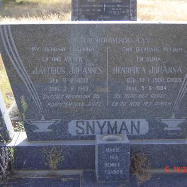 SNYMAN Jacobus Johannes 1892-1963 &amp; Hendrika Johanna CROUS 1900-1984