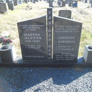 BERG Giedion Jakobus, van den 1933-2000 &amp; Martha Aletta LOUW 1932-2008