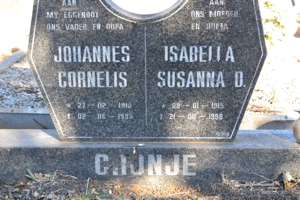CRONJE Johannes Cornelis 191?-1993 &amp; Isabella Susanna D. 1915-1998