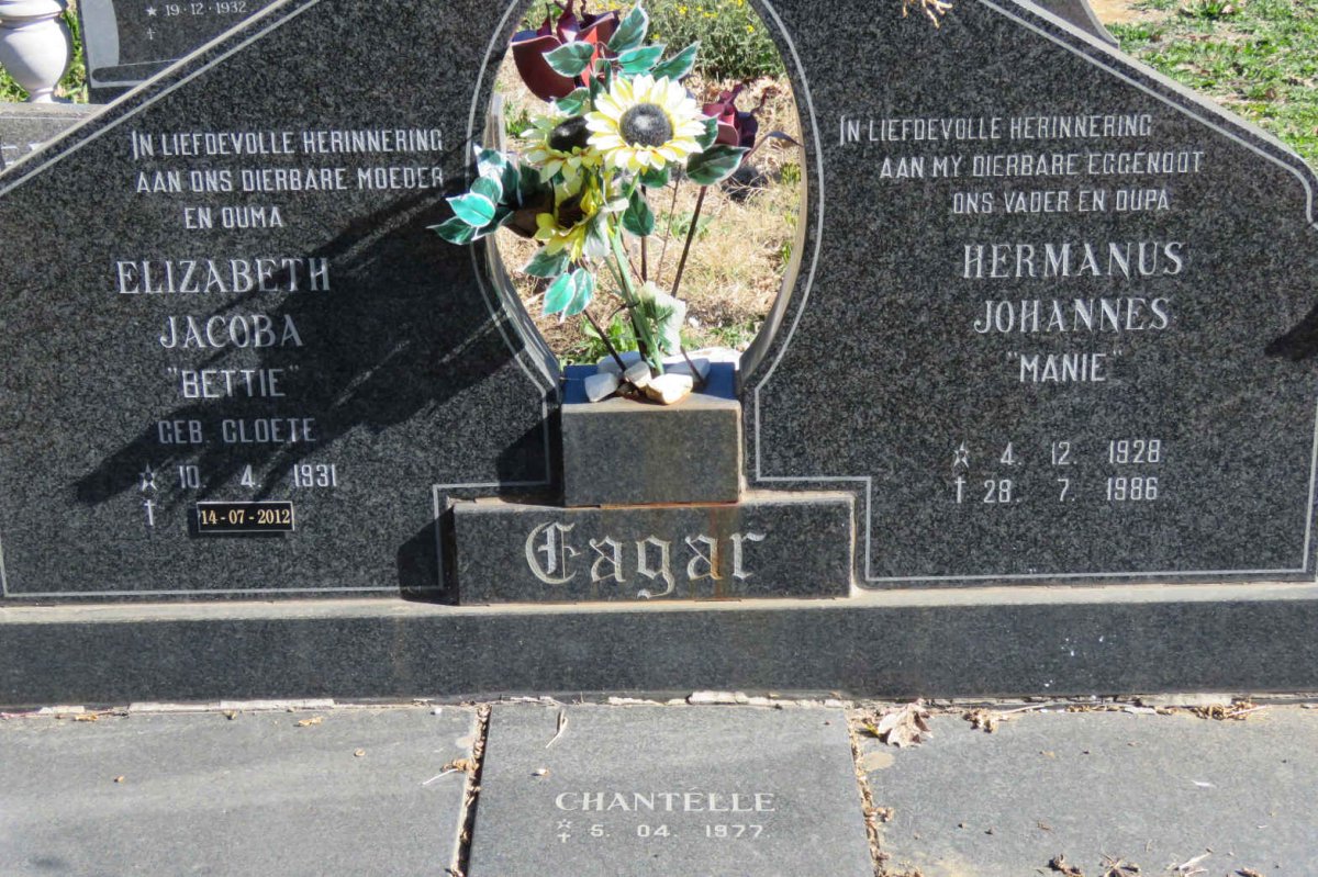 EAGER Hermanus Johannes 1928-1986 &amp; Elizabeth Jacoba CLOETE 1931-2012 :: EAGER Chantelle 1977-1977