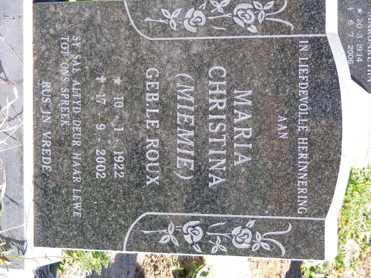 FICK Daniel Rudolf 1921-1988 &amp; Maria Christina LE ROUX 1922-2002