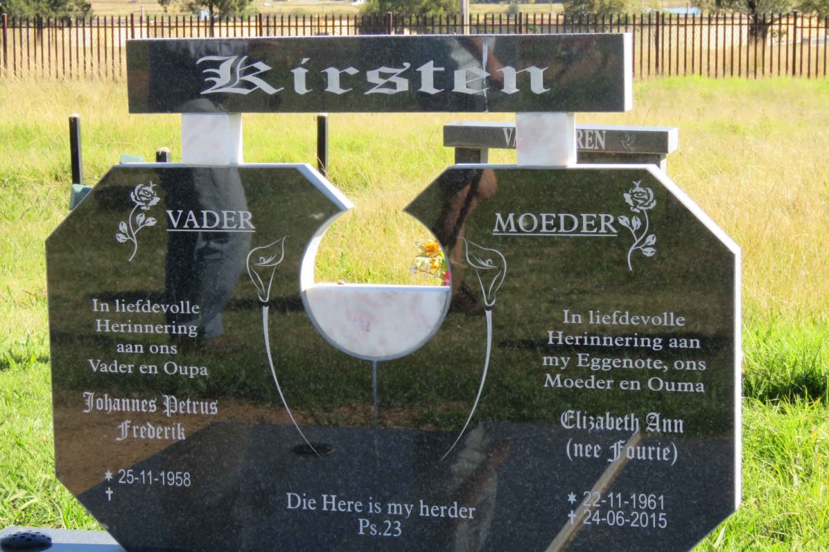 KIRSTEN Johannes Petrus Frederik 1958- &amp; Elizabeth Ann FOURIE 1961-2015