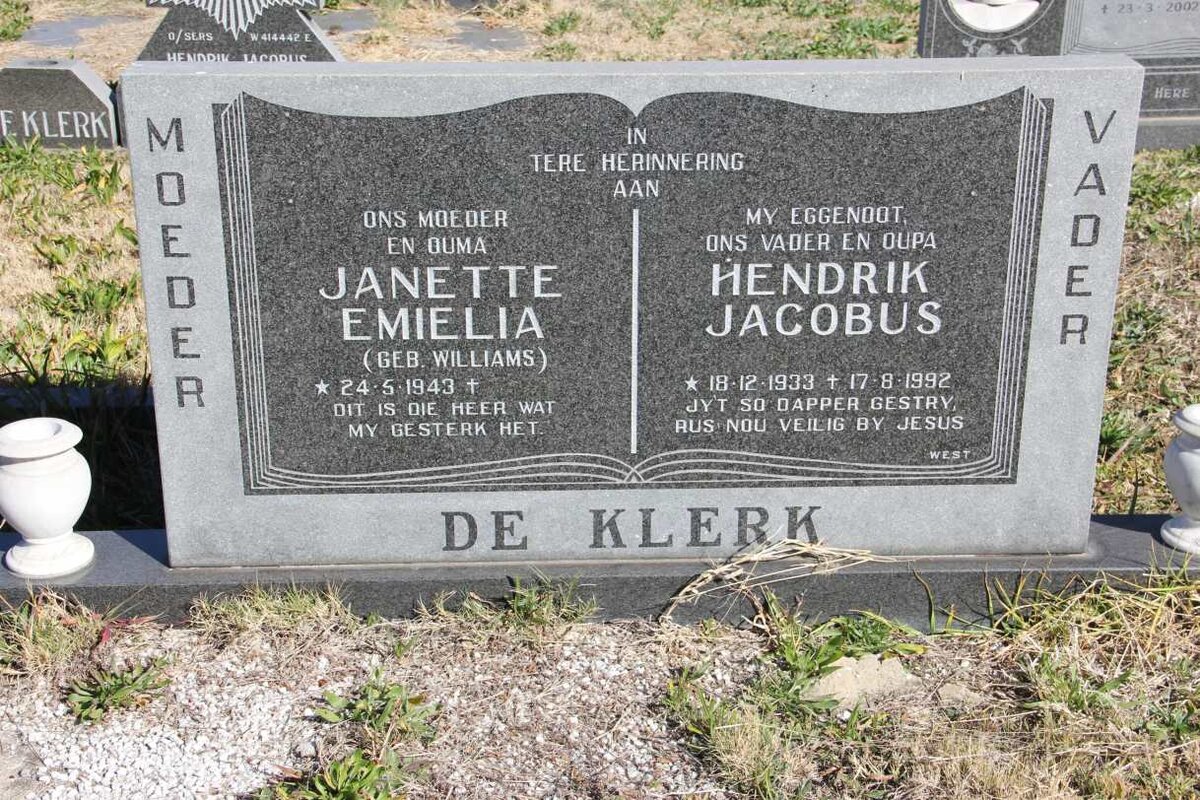 KLERK Hendrik Jacobus, de 1933-1992 &amp; Janette Emielia WILLIAMS 1943-