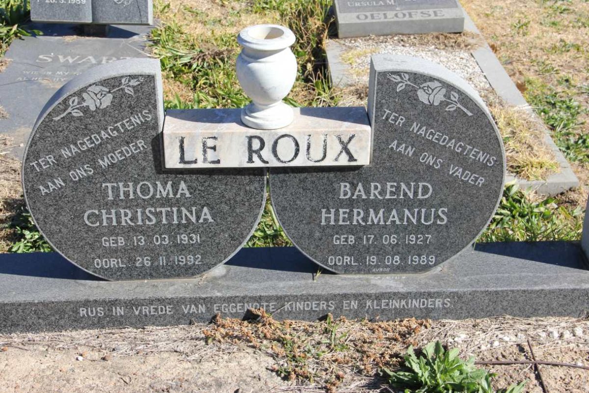 ROUX Barend Hermanus, le 1927-1989 &amp; Thoma Christina 1931-1992