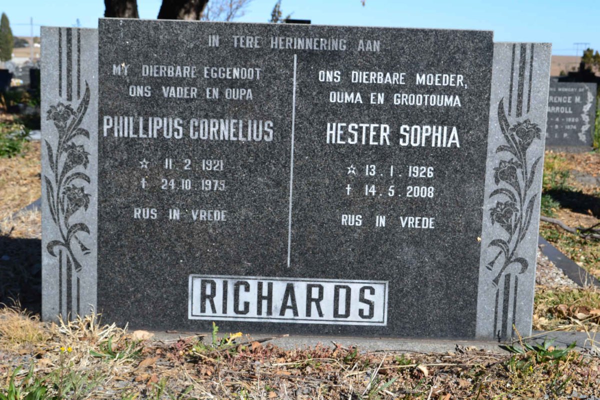RICHARDS Phillipus Cornelius 1921-1975 &amp; Hester Sophia 1926-2008