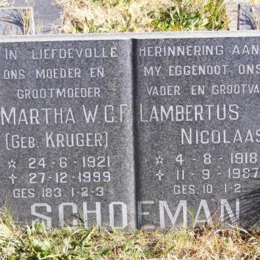 SCHOEMAN Lambertus Nicolaas 1918-1987 &amp; Martha W.C.F. KRUGER 1921-1999