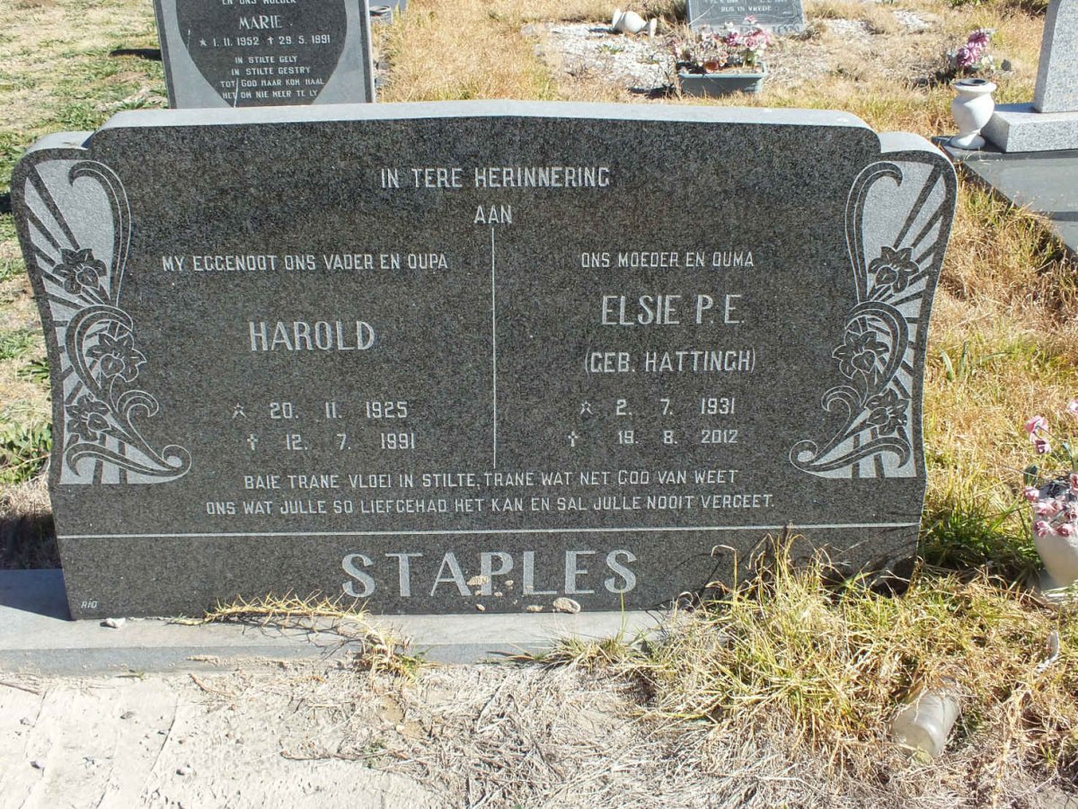 STAPLES Harold 1925-1991 &amp;  P.E. HATTINGH 1931-2012