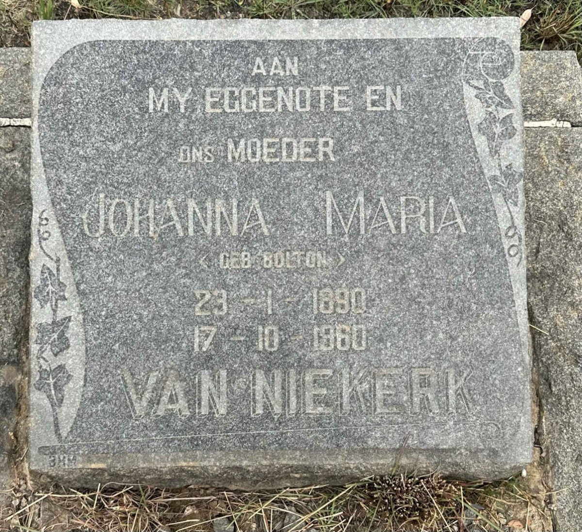NIEKERK Johanna Maria, van nee BOLTON 1890-1960 