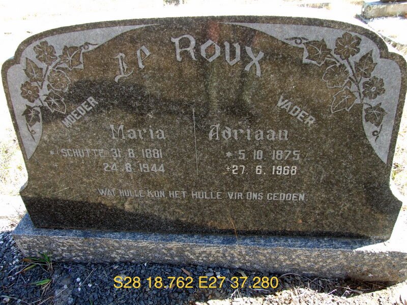 ROUX Adriaan, le 1875-1968 &amp; Maria SCHUTTE 1881-1944