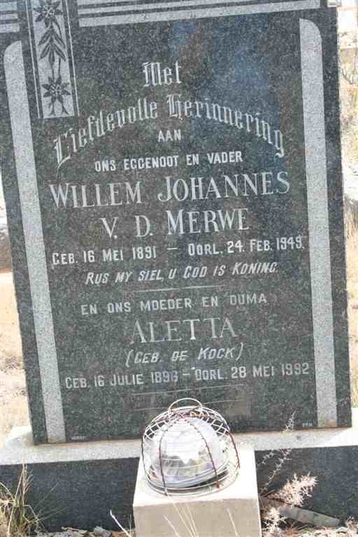 MERWE Willem Johannes, v.d. 1891-1949 &amp; Aletta DE KOCK 189?-1992