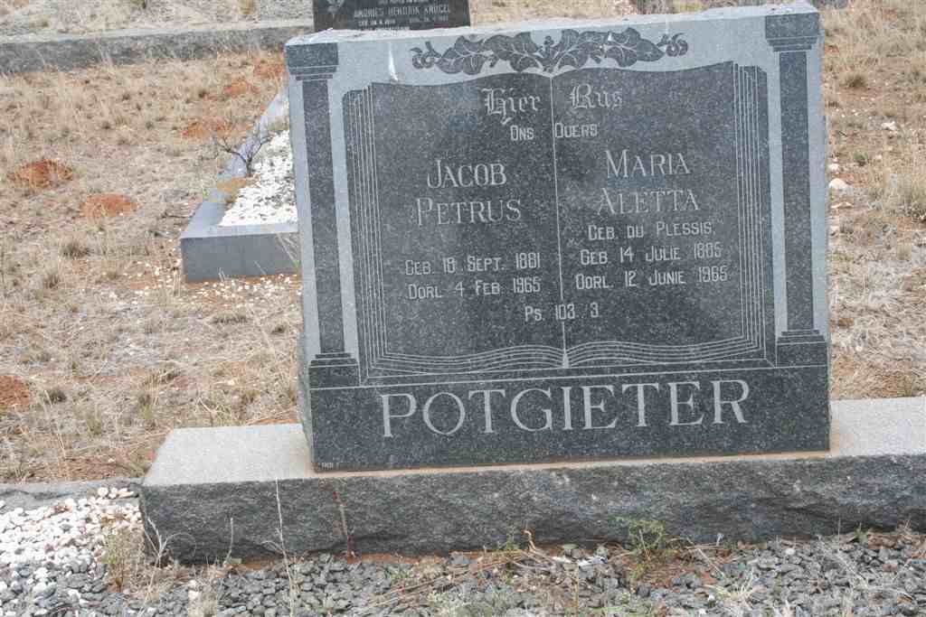 POTGIETER Jacob Petrus 1881-1965 &amp; Maria Aletta DU PLESSIS 1885-1965