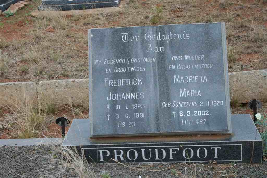 PROUDFOOT Frederik Johannes 1923-1991 &amp; Magrieta Maria SCHEEPERS 1920-2002