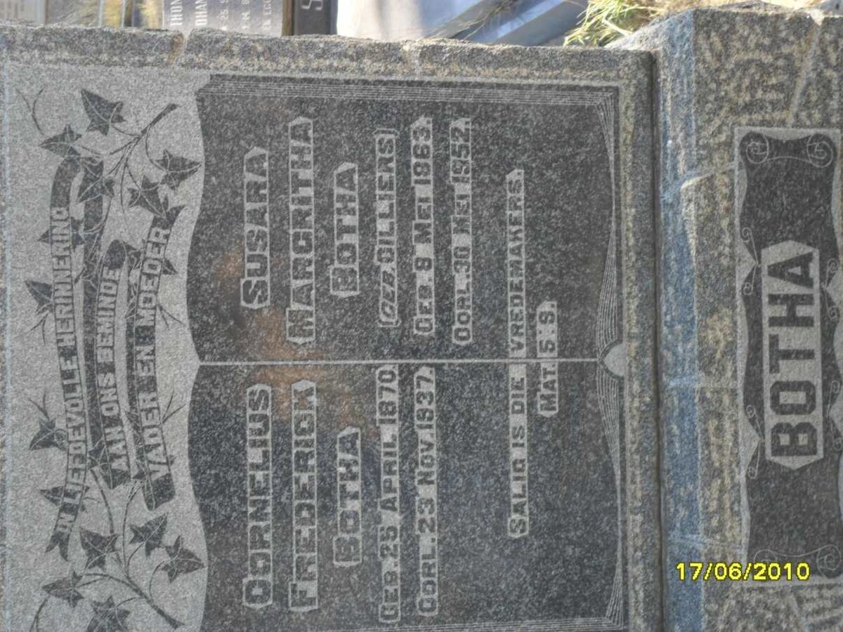 BOTHA Cornelius Frederick 1870-1937 &amp; Susara Magritha CILLIERS 1863-1952