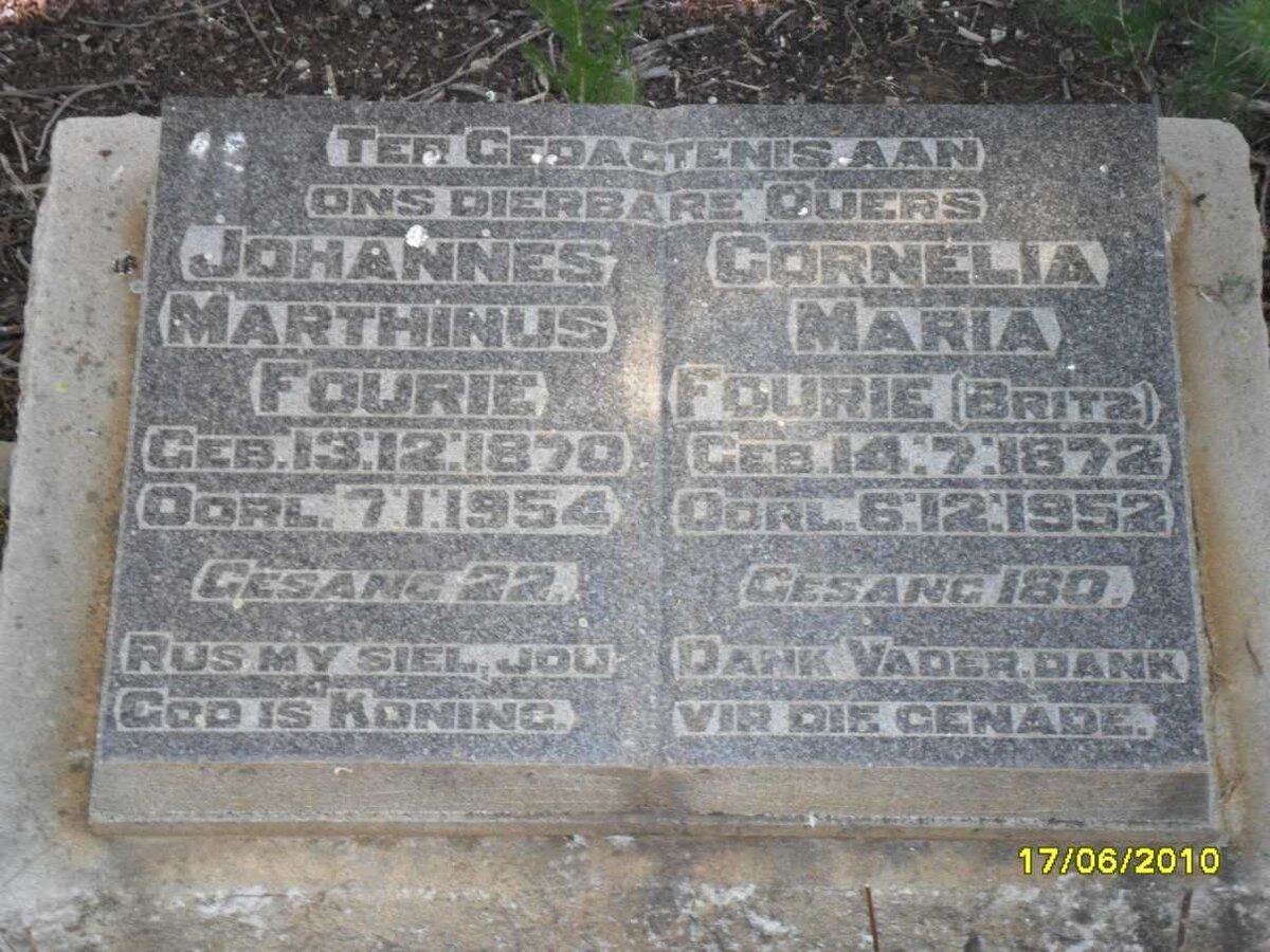 FOURIE Johannes Marthinus 1870-1954 &amp; Cornelia Maria BRITZ 1872-1952